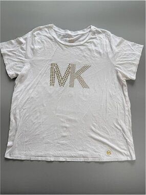 Michael Kors MK Logo T Shirt, White Studded Logo Tee, Designer Y2K, Plus Size 2X
